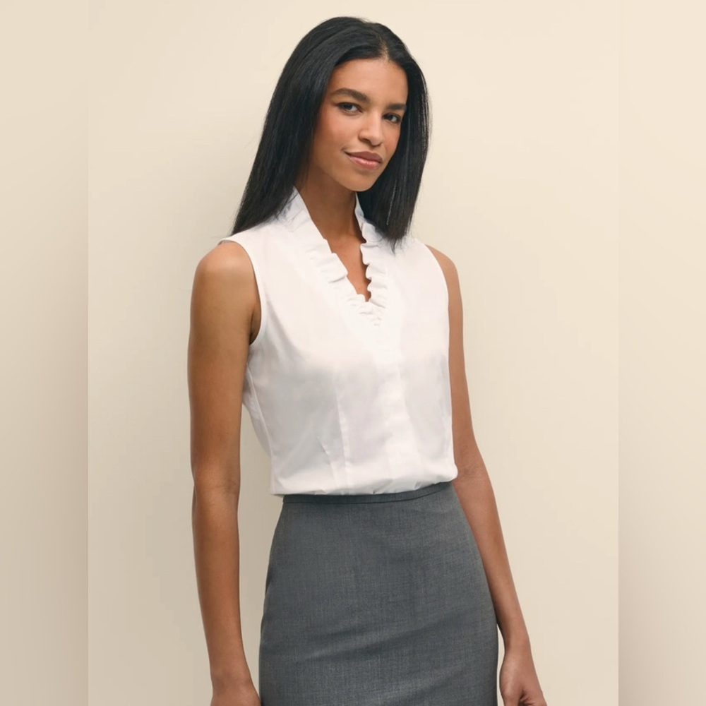 Brooks Brothers White Sleeveless Ruffled V-Neck Blouse
